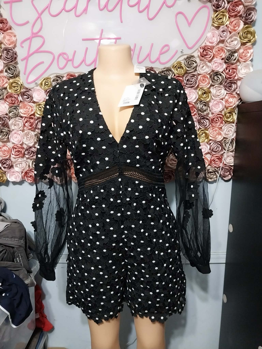 Self-Portrait Black Floral Appliqué Mesh Long-Sleeve Romper with White Dots - Picture 7 of 9
